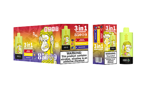 Packaging of Bang King disposable vape featuring a cartoon monkey design and highlighting three flavors: Mixed Berries, Mango Peach, and Grape Ice, with warnings about nicotine content.