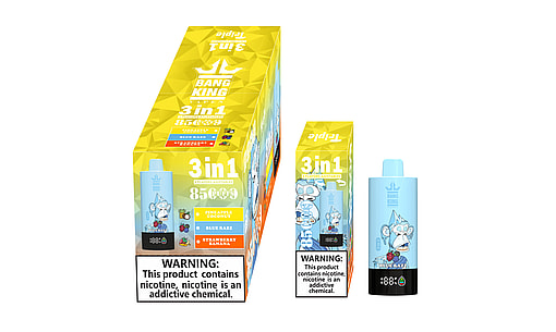 Packaging and product of Bang King 3-in-1 electronic vaping device featuring three flavors, labeled with a warning indicating nicotine as an addictive chemical.