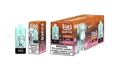 Packaging image of Bang King 3-in-1 flavors adjustable vape with 85 puffs featuring Strawberry Vanilla Coke, Black Dragon Ice, and Peach Ice, warning label regarding nicotine addiction displayed.