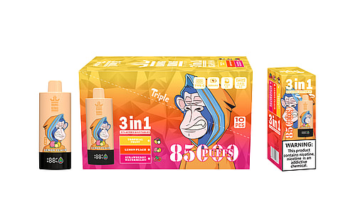 Packaging and vape product images for 'Bang King 3 in 1' featuring a stylized monkey graphic and flavors including Tropical Fruit, Lemon Peach, and Strawberry Watermelon, with nicotine warning label visible.