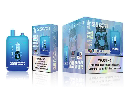 Image showcasing Bang King vaping product packaging, featuring a blue vape device labeled '25,000 Puffs' and branding details such as 'Blue Razz Ice'. Includes required warning text: 'This product contains nicotine. Nicotine is an addictive chemical.'