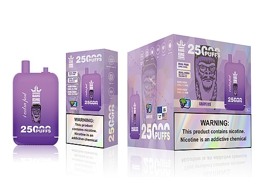 Promotional image featuring a purple vaping device labeled 'Bang King' with 25,000 puffs, alongside product packaging highlighting 'Grape Ice' flavor and nicotine warning.
