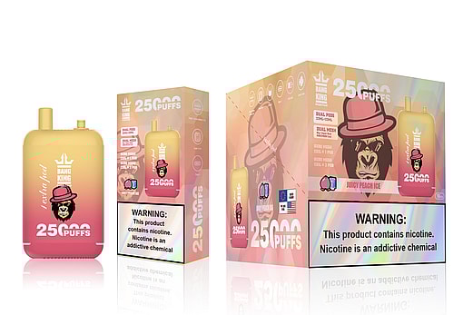 Product packaging and device for Bang King 25000 Puffs vape featuring the Juicy Peach Ice flavor, displaying a peach and gorilla logo, product details, and nicotine warning.