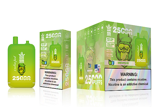 Packaging and product of Bang King, featuring a green vape device with 25,000 puffs labelled in sour apple ice flavor, accompanied by health warning labels.