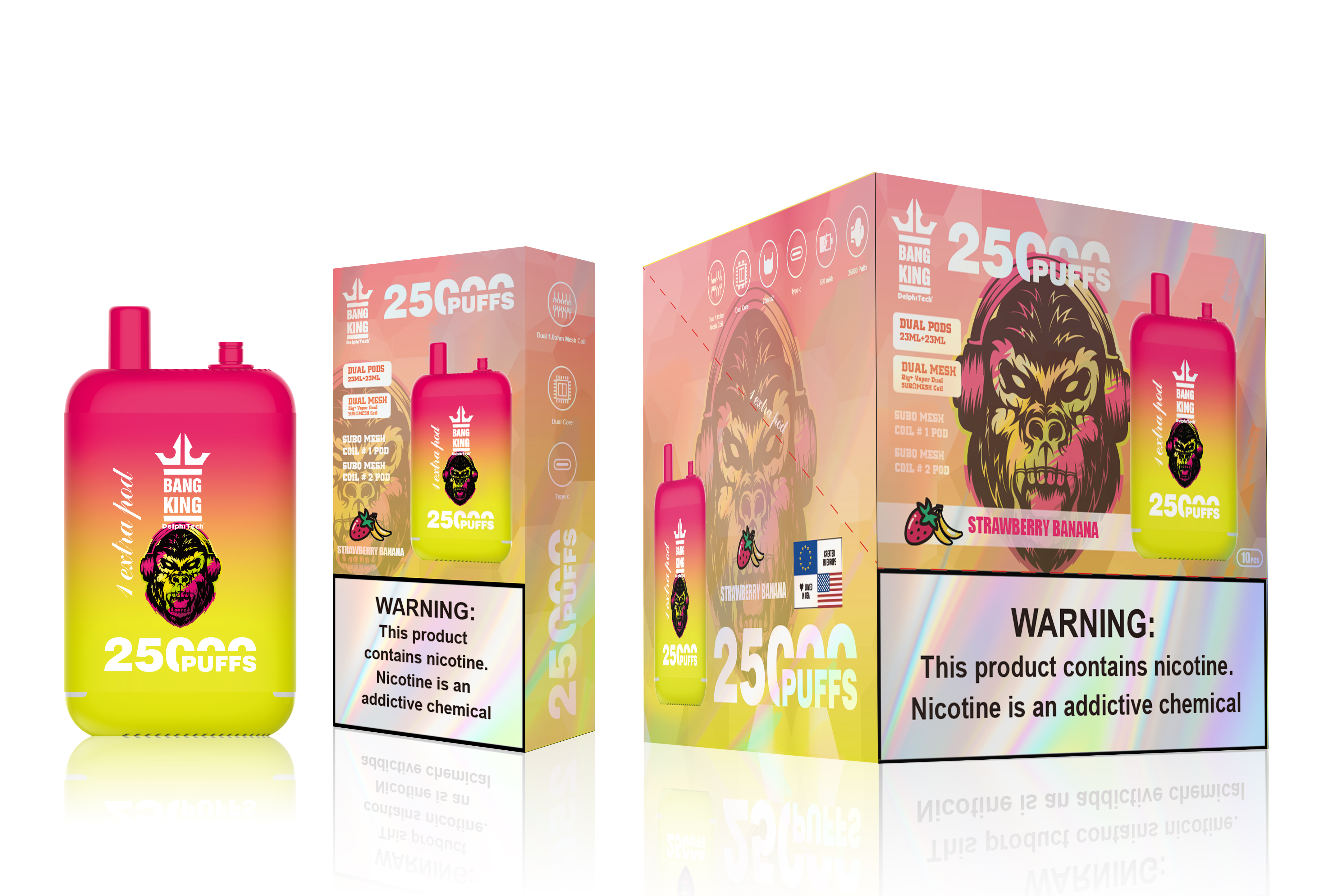 Packaging and product for Bang King vape device, featuring 25000 Puffs in Strawberry Banana flavor, with nicotine warning prominently displayed.