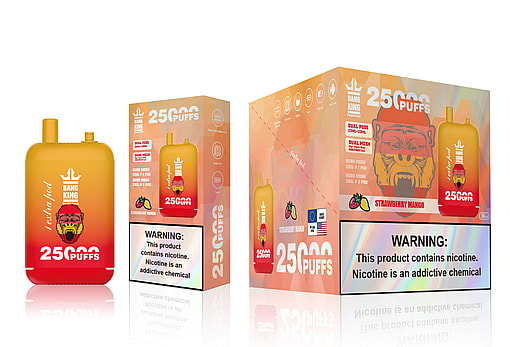 Promotional packaging and design for Bang King vape product, featuring a yellow and orange device labeled for 25,000 puffs with the flavor Strawberry Mango, accompanied by a nicotine addiction warning.