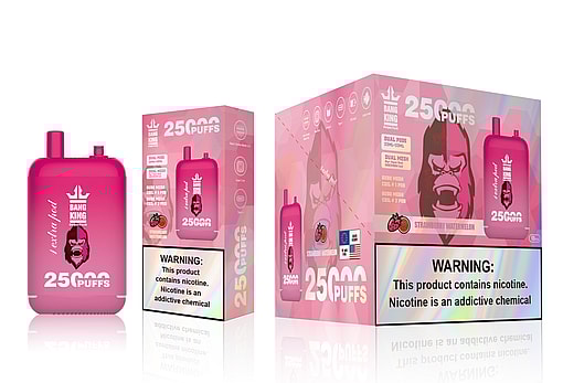 A bright pink e-cigarette device and packaging featuring a gorilla graphic with the text 'Bang King, 25000 Puffs, Strawberry Watermelon flavor,' alongside a nicotine warning label.