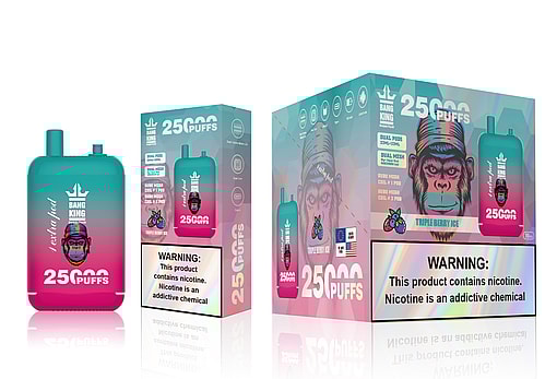 A colorful display showcasing the Bang King disposable vape device with 25,000 puffs, featuring a gorilla graphic and the flavor "Triple Berry Ice," alongside its packaging including nicotine warning labels.