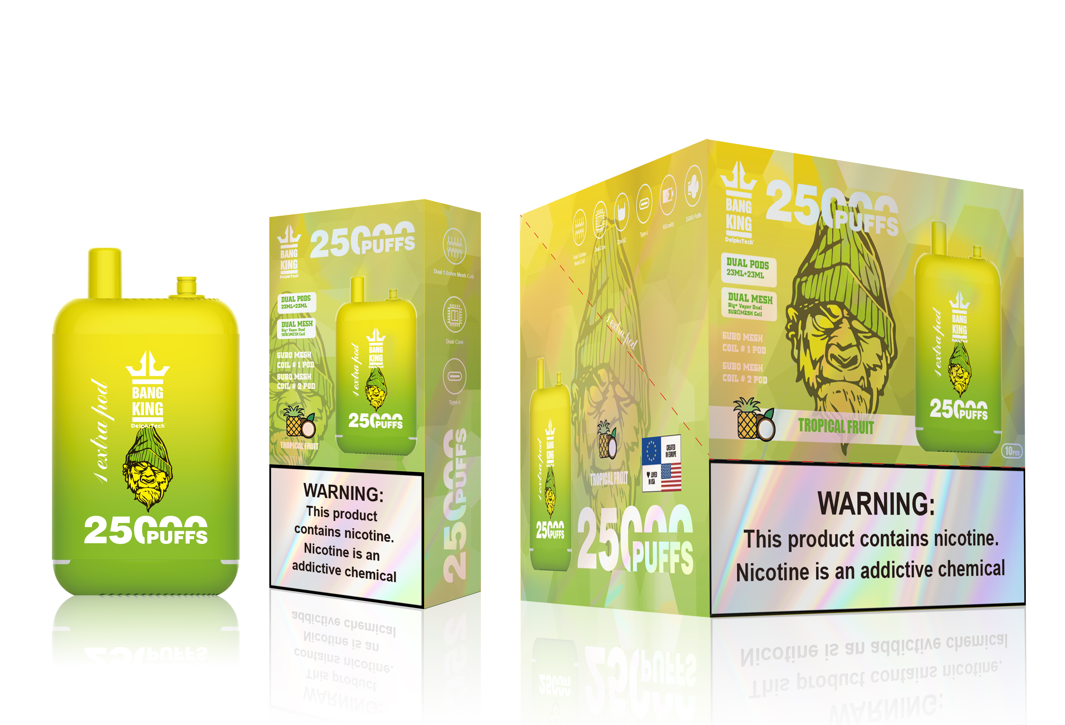 A Bang King branded vaping device in tropical fruit flavor with packaging displaying product details and health warning about nicotine addiction.