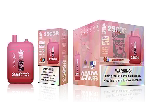 Three stylish packaging designs of Bang King 25000 Puffs synthetic pod device in Watermelon Ice flavor with warning labels.