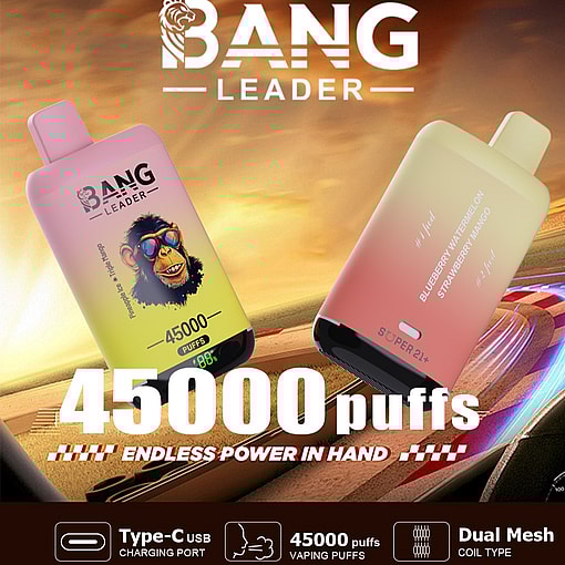 Promotional image for the Bang Leader vaping device showcasing two models, one featuring a chimpanzee logo and the other flavor text, emphasizing '45000 puffs' with a Type-C charging port and dual mesh coil type.