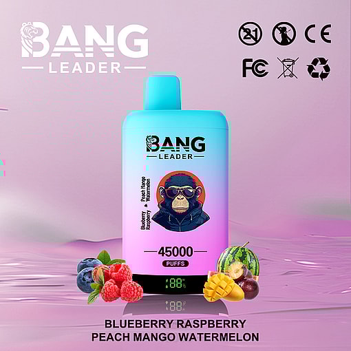 Promotional image of a Bang Leader vaping device featuring vibrant packaging with flavor details: blueberry, raspberry, peach, mango, and watermelon; displayed with corresponding fruit icons beside the device.