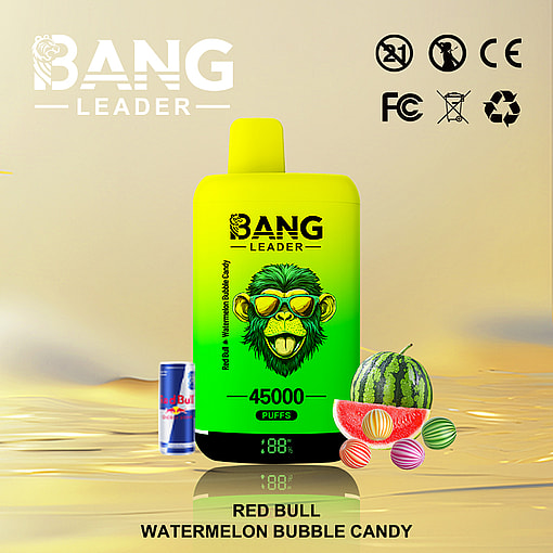 A vibrant product image featuring a bright green-tinted vaping device labeled 'Bang Leader' with a monkey wearing sunglasses, surrounded by Red Bull cans, watermelon slices, and colorful bubble candy, emphasizing the flavors and branding, set against a light gold background.