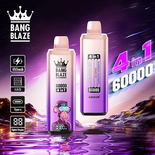 Promotional image showcasing Bang Blaze 4-in-1 60000 puff vaping device with features including 650mAh battery, Type-C charging, 1.0Ω resistance, and digital display, set against a futuristic, vibrant landscape.