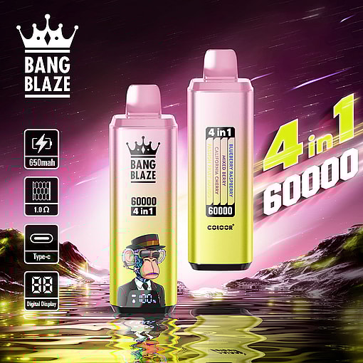 Two colorful vape devices labeled 'Bang Blaze 4 in 1 60000' against a vibrant futuristic landscape, displaying features like 650mAh battery, 1.0Ω coil, Type-C charging, and a digital display.