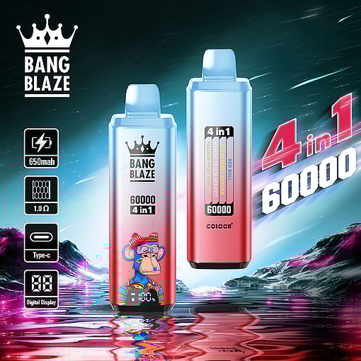 Promotional image of Bang Blaze electronic devices featuring 60,000 puffs, 4-in-1 flavors, 650mAh battery, USB Type-C charging, digital display, and vibrant design with a cartoon-style ape character.