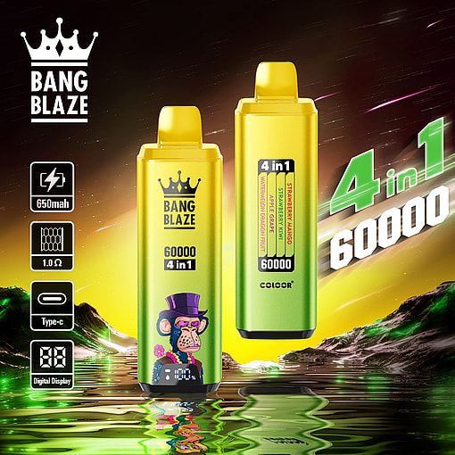 Promotional image displaying two Bang Blaze 4-in-1 e-cigarettes with 60,000 puffs capacity, vibrant yellow-green color designs, digital display features, and flavor options marked, set against a colorful scenic backdrop with the Bang Blaze logo and product specifications listed.