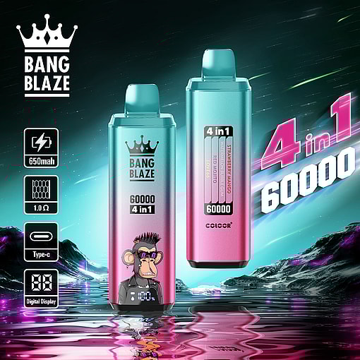 Colorful promotional image of Bang Blaze vaping devices, showcasing two models with metallic gradients, a humorous cartoon monkey icon, 4-in-1 functionality, 60000 puff indication, and various features like a digital display, 650mAh battery, and Type-C charging, set against a vibrant futuristic lake scene.