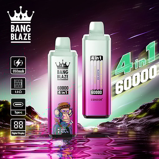 Two electronic vape devices labeled as Bang Blaze 4-in-1 with 60000 puffs capacity, featuring various flavors and specifications such as 650mAh battery, digital display, and Type-C port, set against a colorful futuristic background with a reflective water surface.
