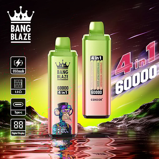 Promotional image for Bang Blaze showcasing two colorful vaping devices with 4 in 1 flavor capability, 60000 puff capacity, digital display, and Type-C charging, set against a vibrant, futuristic backdrop.