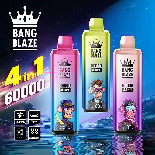 Marketing image of Bang Blaze 4-in-1 vaping devices with a capacity of 60,000 puffs, featuring colorful designs with stylized ape characters against a neon-lit water reflection background.
