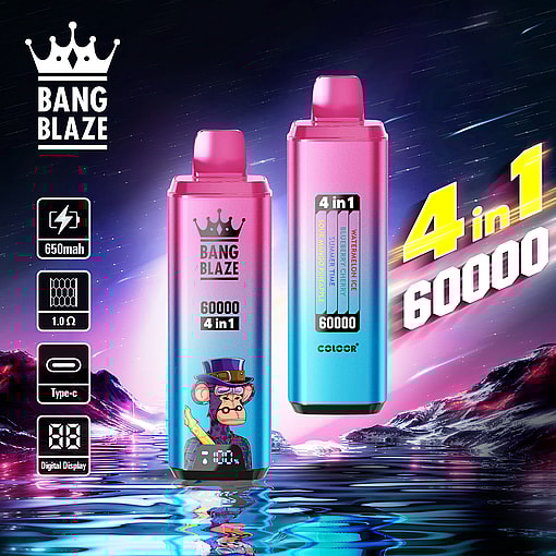 Two colorful vape devices labeled 'Bang Blaze 4 in 1', showcasing features like 650mAh battery, 1.0Ω resistance, Type-C charging, and digital display, set against a cosmic and reflective water background.