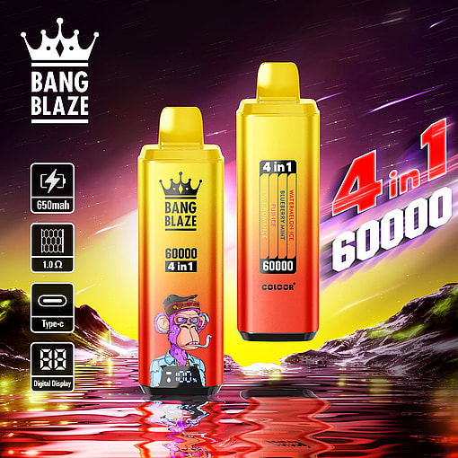 Promotional image displaying two Bang Blaze vape devices, featuring bright yellow and red designs, specifications like '650mAh' and 'digital display,' and a backdrop of vibrant scenery with text highlighting '4 in 1 60000.'