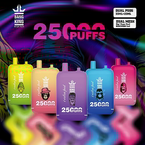 Colorful promotional image showcasing Bang King vape products with 25000 puff capacity, featuring various vibrant designs and branding information against a neon background.