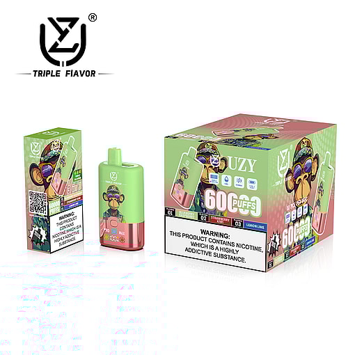 Promotional display of Triple Flavor vaping products, showcasing a green and pink device with branding featuring a cartoon monkey wearing sunglasses, alongside product packaging and warning labels stating the content contains nicotine, an addictive substance.