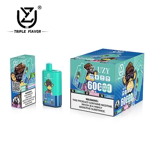 Image of a vaping product branded 'Triple Flavor,' showcasing its green and blue device, individual packaging, and a larger box with illustrations and flavor options. Includes a nicotine warning.