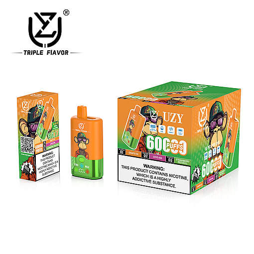 An array of packaging and a product for an electronic vaporizer labeled 'Triple Flavor' in an orange and green color scheme featuring a cartoon monkey design; emphasizes '60 Puffs' and contains nicotine addiction warnings.