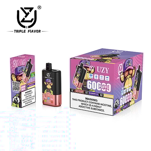 Display of vaping product packaging labeled 'Triple Flavor' with a warning indicating the contents include nicotine, featuring colorful designs and flavor options.