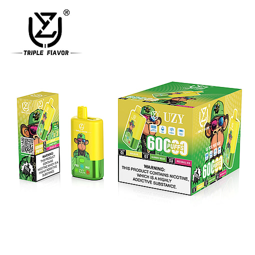 Packaging and product image of Triple Flavors nicotine vape featuring a yellow-green handheld device, accompanying boxes- displaying branding, a cartoon gorilla mascot, flavor details, and a health warning about nicotine addiction.
