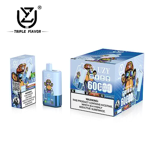 Triple Flavor branded products featuring a vape device and colorful packaging with cartoon artwork, showcasing nicotine warnings and flavor options like Strawberry Ice and Blue Razz Ice displayed prominently.