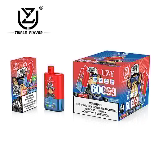 Promotional image featuring packaging and vaping device of Triple Flavor UZY product, showing 60 puffs indication and varieties, alongside health warning labels.