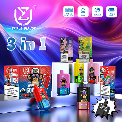 Promotional image showcasing various colorful vaping devices from 'ZY Triple Flavor' with packaging featuring a monkey graphic and specifications like 3-in-1 functionality, 600 puffs, and USB Type-C charging port against a vibrant purple background.