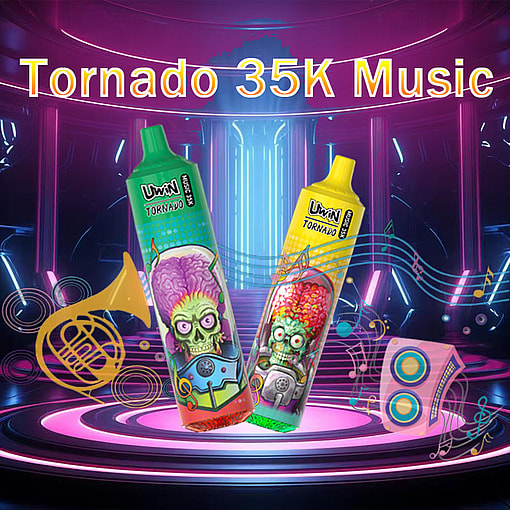 Two colorful vaping devices labeled 'Tornado 35K Music' with graphic designs featuring alien-like skulls, musical notes, a horn, and speaker illustrations, positioned against a neon-lit futuristic background.
