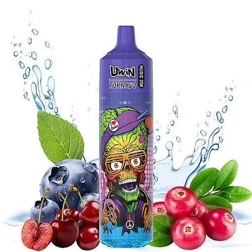 A purple vape device labeled 'Uwin Tornado Music 35K' with a colorful, artistic skull design, surrounded by blueberries, cherries, and cranberries with water droplets in the background.