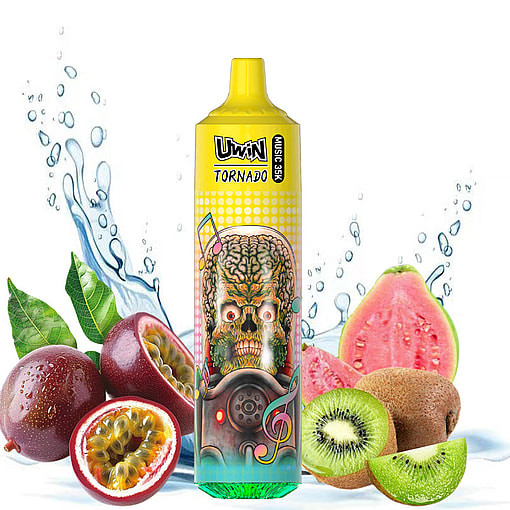 Colorful vape device labeled Uwin Tornado Music 35k, featuring a skull and brain design, with splashes of water behind and tropical fruits including passionfruit, guava, and kiwi surrounding it.