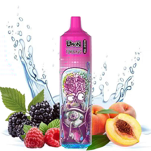 Pink UwU Tornado vape device with cartoon skull design beside splashes of water and fruit including peaches, raspberries, and blackberries.