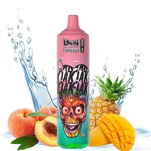 A colorful vaping device with a skull design against a background of splashing water and assorted fruits including peach, pineapple, and mango.