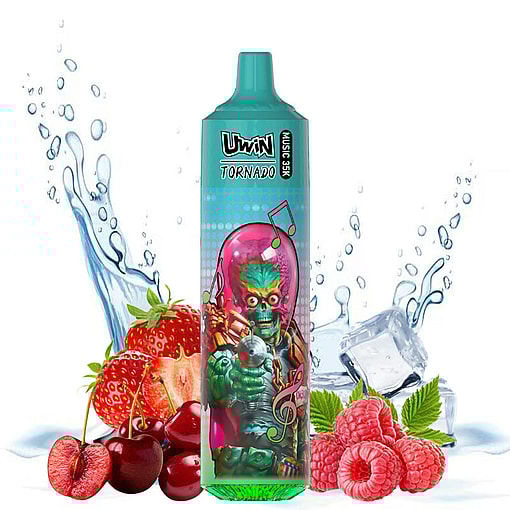 A colorful vape device labeled 'Uwin Tornado Music 35K' featuring a sci-fi alien character design, surrounded by water splashes, strawberries, cherries, raspberries, and ice cubes.