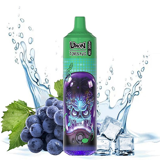 Colorful vape device labeled 'Uwin Tornado' with a vibrant graphic design, surrounded by grapes, ice cubes, and splashes of water.