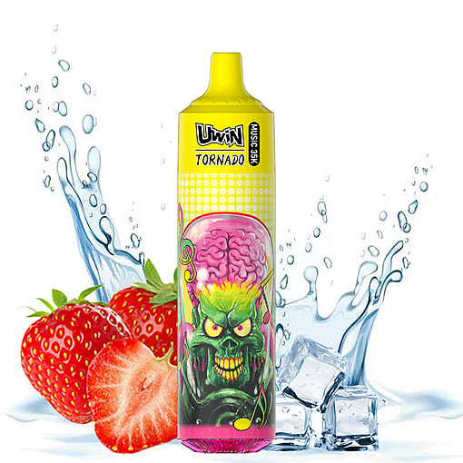 Brightly colored vape bottle featuring a vivid monster illustration with a brain, surrounded by strawberries, ice cubes, and splashes of water.