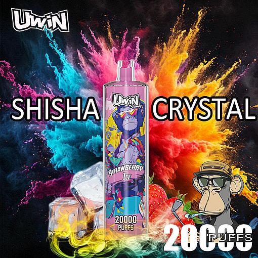 Promotional image for the Uwin Shisha Crystal featuring a cartoon-style ape character, vibrant colors, and the flavor 'Strawberry Ice' with 20,000 puffs indicated.