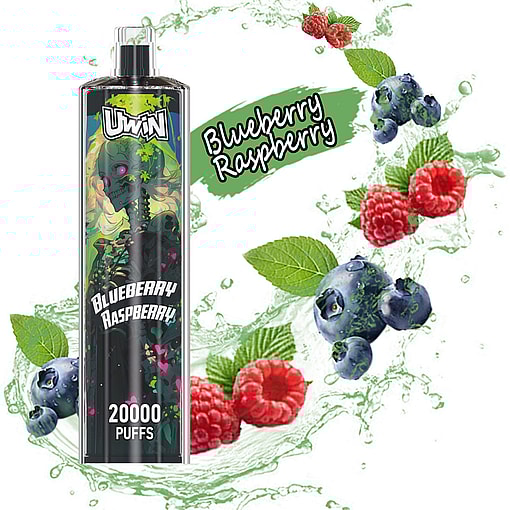 Promotional image featuring a vape device labeled 'UWIN Blueberry Raspberry' with 20,000 puffs, surrounded by creative depictions of blueberries, raspberries, and mint leaves on a splash-like background.