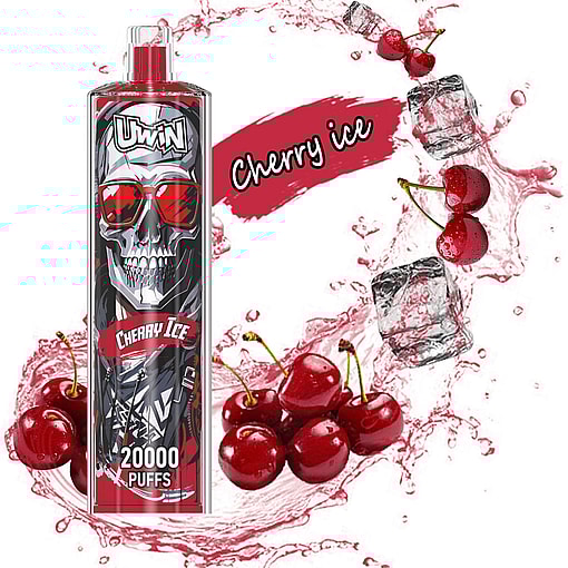 A graphic showcasing a vaping device labeled 'UWin Cherry Ice' with a stylized skull design wearing red sunglasses, surrounded by splashing cherries and ice cubes against a red and white background.