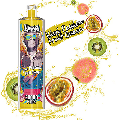 Colorful packaging of a UWin vape device featuring 20,000 puffs and labeled Kiwi Passion Fruit Guava flavor, surrounded by illustrations of the fruits and splashes of liquid.