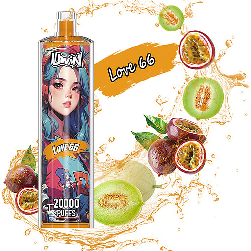 A vaping device branded 'Uwin' with colorful artwork and labeled 'Love 66' featuring 20,000 puffs, displayed alongside illustrations of passion fruit and melons with splashing juice effects.