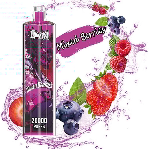 Promotional image of a vape device featuring 'Mixed Berries' flavor, decorated with illustrations of strawberries, blueberries, raspberries, and a splash of juice, emphasizing the flavor profile and titled with '20000 PUFFS.'